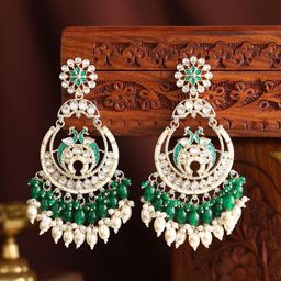 Priyaasi Gold-Plated Twin Peacocks Kundan Stone Studded & Pearls Beaded Chandbalis-4