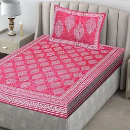 UBANIA COLLECTION Pink & White Printed Cotton 144 TC Single Bedsheet Set 1.6 m x 2.28 m-image-66