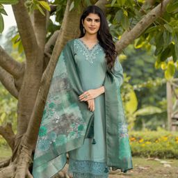 MITTOO Women Embroidered Regular Raw Silk Kurti with Trousers & With Dupatta-picture-25
