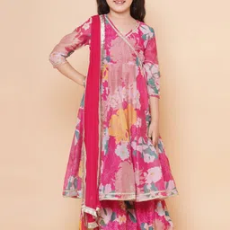 BAESD Girls Floral Printed Angrakha Gotta Patti Kurta With Sharara & Dupatta Set-image-84