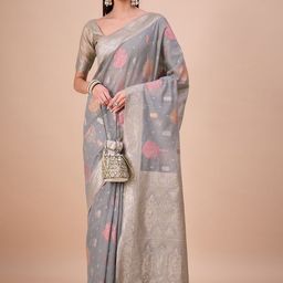 House of Pataudi Woven Design Zari Banarasi Saree With Unstitched Blouse-image-35
