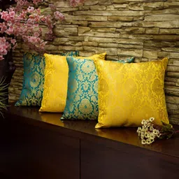 RoyalDeco Green & Yellow 4 Pieces Ethnic Motifs Printed Brocade Silk Square Cushion Covers-picture-14
