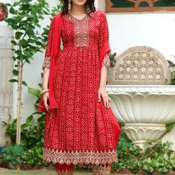 Berrylicious Bandhani Printed V-Neck Straight Kurta With Trousers & Dupatta-52