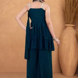 PARROT CREATION Floral Embroidered Georgette A-Line Kurti With Palazzos And Dupatta image 3