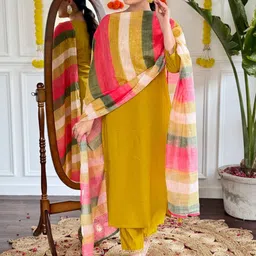 TWINS LADY Floral Embroidered Notch Neck Straight Kurta With Trousers & Dupatta-image-10