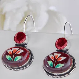 Priyaasi Silver Plated Ruby Studded Floral Oxidised Drop Earrings-8