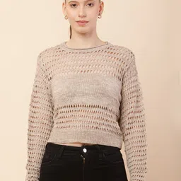 NoBarr Women Open Knit Ribbed Crop Pullover-2