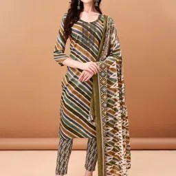 KALINI Women Leheriya Embroidered Regular Sequinned Kurta with Trousers & With Dupatta-7