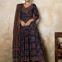 PARTHVI Floral Printed Angrakha Thread Work Pure Cotton Kurta with Trouser & Dupatta-19