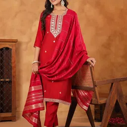 Janasya Women Ethnic Motifs Embroidered Regular Sequinned Chanderi Silk Kurta with Trousers & With Dupatta-picture-46