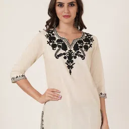 Brownverse Floral Embroidered Thread Work Pure Cotton Khadi Thread Work Kurti-image-6