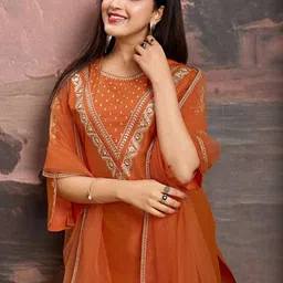 URMIR FASHION Women Ethnic Motifs Embroidered Regular Thread Work Kurta with Trousers & With Dupatta-picture-8