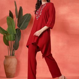 Nayam By Lakshita Geometric Yoke Design Thread Work A-Line Kurta With Trouser Set image 4
