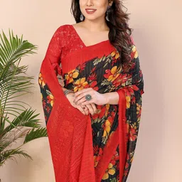 Moda Rapido Women Red Poly Georgette Floral Printed Sarees-picture-9