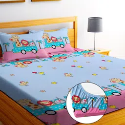 EXFAB Blue Cartoon Characters Pure Cotton Fitted 244 TC King Bedsheet Set 1.98 m x 1.82 m-image-6