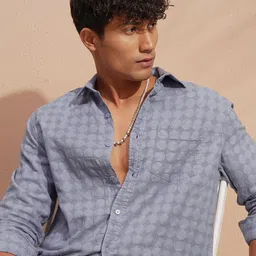 HIGHLANDER Self Design Cutaway Collar Long Sleeves Slim Fit Casual Cotton Shirt-image-84