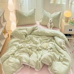 JC HOME Pink & Green Floral Printed AC Room Single Bedding Set-picture-1