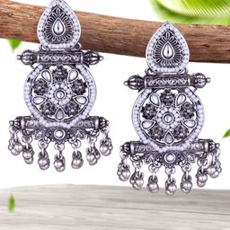 Sangria Silver-Plated Kundan-Studded & Beaded Oxidised Contemporary Shaped Drop Earrings-13