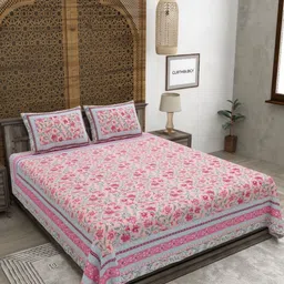 CLOTHOLOGY Pink & Blue Floral 180 TC King Bedsheet with 2 Pillow Covers-image-30