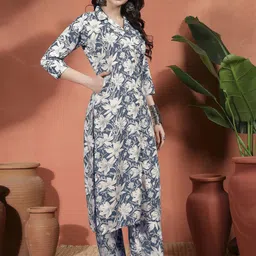 Sangria Women Floral Printed Lapel Collar Pure Cotton Straight Kurta & Trousers-image-18