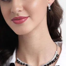 ORANGENYSHA Rhodium-Plated Crystal & American Diamond Studded Jewellery Set-picture-0