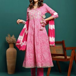 BANDIA Women Bandhani Embroidered Angrakha Pure Cotton Kurta with Trousers & Dupatta-image-48