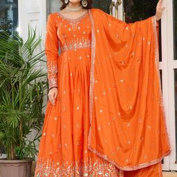 LeeliPeeri Designer Embroidered Anarkali Kurta With Trousers And Dupatta-image-11
