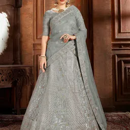 ODETTE Embroidered Beads and Stones Soft Net Semi-Stitched Lehenga & Blouse With Dupatta image 1
