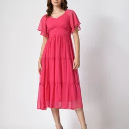 Fuchsia Women Flutter Sleeve Empire Midi Dress-47