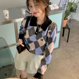StyleCast Women Checked Lapel Collar Long Sleeves Pullover-18