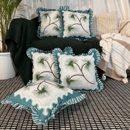 LUSHLYF Tropical Sway Ruffle White & Green 5 Pieces Printed Cotton Square Cushion Covers-52