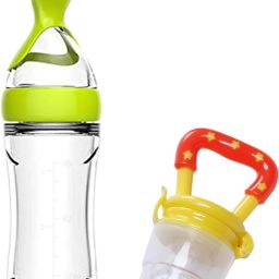 Infant Squeezy Food Grade Silicone Bottle Feeder & Silicone Food Fruit Pacifier/Nibbler/Soother for Babies/Kids/Children (Squeezy Feeder 'Green'' + Pacifier 'Yellow') (Pack of 2)- Silicone-20