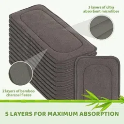child chic 5 LAYER BAMBOO CHARCOAL CLOTH INSERTS LINERS DIAPER, REUSABLE WASHABLE INSERTS PACK OF 7 (BLACK) image 2