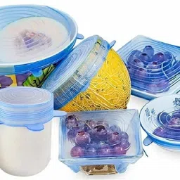 Silicone lids and cover This silicone lids are made of durable silicone provides the strong stretchable fit to the odd shape and size container. Features: the silicone storage covers come in 6 sizes so there's always one that fits. Silicone tops are round yet stretchy enough to fit snugly over odd-shaped mugs, pots, bowls, and containers. Leak-proof with an air-tight seal so foods stay fresh and tasty 6 inch Lid Set-8