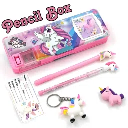 Unicorn Calculator Pencil Box With Pen Pencil Keyring Eraser & NoteBook Sticker Dual Sharpener Combo Cartoon Printed Art for Girls & Boys Birthday Return Gift Art Plastic Pencil Box-image-31