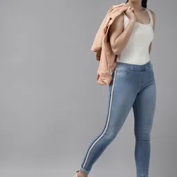 UTH by Roadster Girls Navy Blue Washed Stretchable Denim Jeggings with Side Taping Detail-image-92