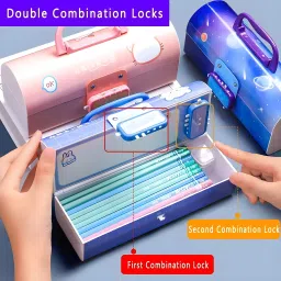 vvn Trandy Blue Space-Themed Design Password Code Lock Multi-Layer Compartments Suitcase Style Design Password Lock Cartoon Art Durable Plastic Construction Art Plastic Pencil Box image 3