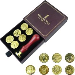 Wax Seal Kit, 7Pcs Sealing Wax Stamps Copper Seals + 1 Wooden Wax Seal Stamp-23
