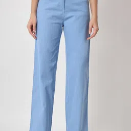 Orchid Blues Women Blue Solid Flared High-Rise Pure Cotton Trousers-image-49