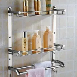Multi use Rack Hook Stainless Steel Bathroom Shelf/Kitchen Shelf/Bathroom Shelf and Rack/Bathroom Accessories Stainless Steel Wall Shelf (Number of Shelves - 2, Steel) Silver Towel Holder-4