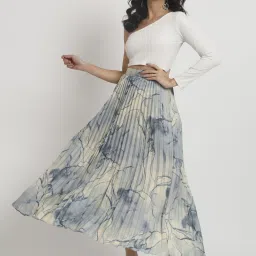 Women Printed Pleated Grey, Blue Skirt-image-8