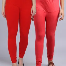 GRACIT Women Set of 2 Red & Peach Solid Churidar-Length Leggings-image-33