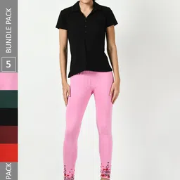 BAESD Pack Of 5 Bottom Printed Slim-Fit Cotton Lycra Churidar Length Leggings-image-88