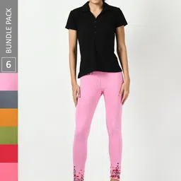 BAESD Pack Of 6 Bottom Printed Slim-Fit Cotton Lycra Churidar Length Leggings-image-30