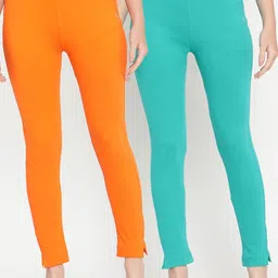 TAG 7 Women Pack Of 2 Turquoise Blue & Orange Solid Ankle-Length Leggings-image-72