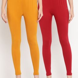 TAG 7 WomenPack Of 2 Maroon & Yellow Solid Comfort-Fit Ankle-Length Leggings-image-4