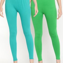 TAG 7 Women Pack Of 2 Green & Turquoise Blue Solid Comfort-Fit Ankle-Length Leggings-image-14