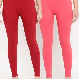 TAG 7 Women Pack Of 2 Maroon & Peach Solid Comfort-Fit Ankle-Length Leggings-image-21