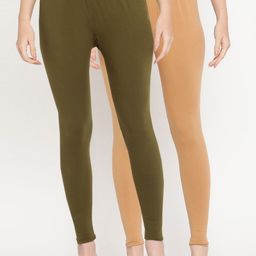 TAG 7 Women Pack Of 2 Olive Green & Beige Solid Comfort-Fit Ankle-Length Leggings-image-93