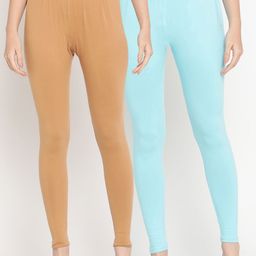 TAG 7 Women Pack Of 2 Beige and Blue Solid Comfort-Fit Ankle-Length Leggings-image-98